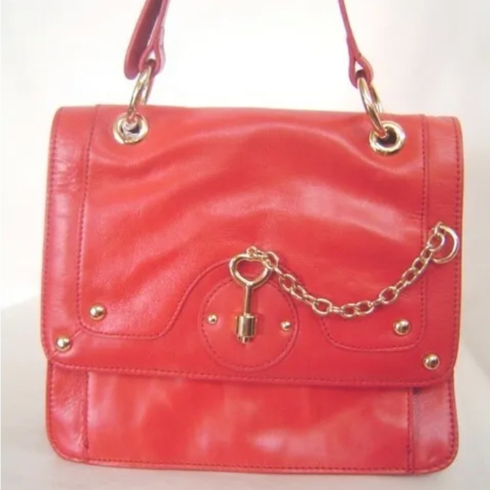 Bebe Cherry Red Leather Heart Key Lock Handbag Crossboy Purse Bag